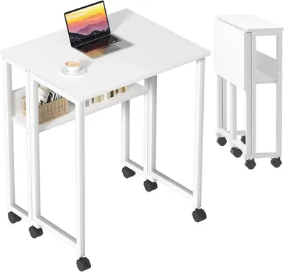 Image de Bureau pliant - Bureau d'ordinateur - À roulettes - Portable - Avec tablette - 80 × 50 × 75 cm - Structure métallique - Plateau en bois - Blanc