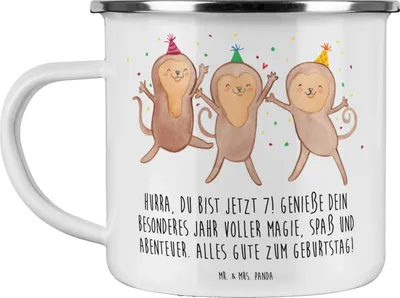 Produktbild von Mr. & Mrs. Panda Pott 7. Geburtstag - Weiß - Geschenk, Geburtstagsdekoration, Happy Birthday, Haferl, Emaille Tasse, Becher, Kindergeburtstag, siebte Geburtstagsparty