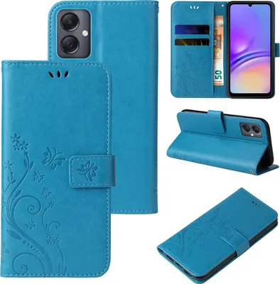 A collage of images showing a blue flip phone case with floral and butterfly designs.