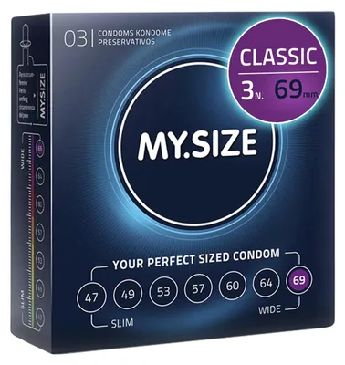 Immagine prodotto di MY.SIZE Preservativi classici misura 7 | 69 mm di larghezza | 3 pezzi confezione di prova | Preservativi premium extra sottili | Preservativi fedeli al tatto | 0,07 mm di spessore della parete