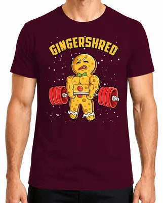 Zdjęcie produktu dla Koszulka męska "Gingershred Bodybuilder Lebkuchenfigur Fitness Weihnachtstraining", kolor burgundowy, rozmiar M