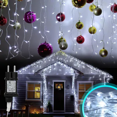 Image de Guirlande lumineuse LED "Ikodm Eisregen" avec 400 LED, 10 mètres, lumière blanche froide, 8 modes, fonction mémoire, 31V. Rideau lumineux idéal pour les fenêtres, les fêtes et les salons