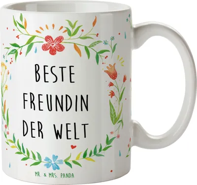 Produktbild von Mr. & Mrs. Panda Henkelpott Freundin - Geschenk, Kaffeetasse, Freundschaft. Liebste, bedruckt, Teetasse, beste, Trinkbecher, Frau, Becher, Tasse, Jahrestag