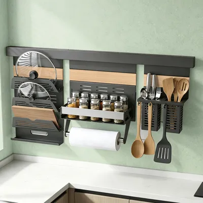 Produktbild von Mai & Mai Gewürzregal Küche mit Deckelhalter, Küchenpapierhalter und Küchenutensilienbehälter, 5 Haken Küchenregal mit 82 cm Schiene, Reglo-10-11-12