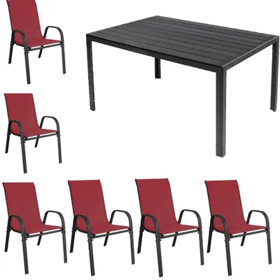 Produktbild von Gartenmöbel Set Alu Tisch 7-tlg. 6x Stapelsessel Gartenset Sitzgruppe Essgruppe burgundrot