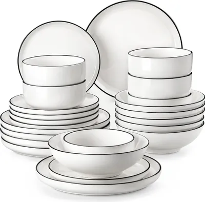 Zdjęcie produktu dla MALACASA, 48-częściowy serwis kombinowany z czarną obwódką, porcelanowy serwis obiadowy z talerzem obiadowym, talerzem deserowym, talerzem do zupy i miską