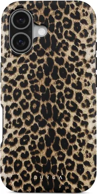 A close-up view of a phone case with a leopard print pattern.