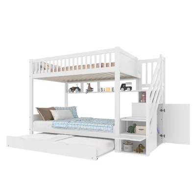 Produktbild von Etagenbett mit Gästebett und Stauraum (90x200cm), Kinderbett mit Regal, Kleiderschrank und Rausfallschutz