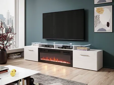 Obrázek produktu pro TV stolek s elektrickým krbem OKEMIA - bílý / lesklý bílý + LED osvětlení