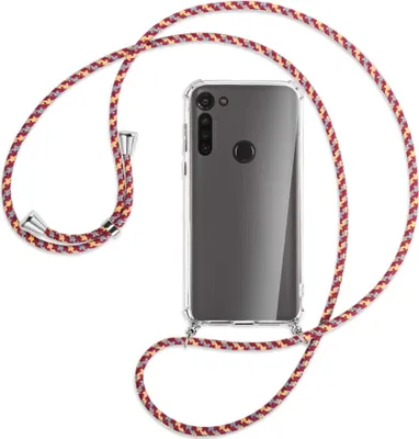 Produktbild von Handykette Backcover-Schutzhülle mit Band (Metall silberfarben) für Motorola Moto G8 - weinrot/gelb/grau
