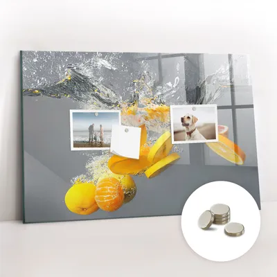 Obrázok produktu pre Magnetická tabuľa na stenu - Memo Tabuľa Sklenená - vrátane 5 magnetov - 60x40 cm - Citrusy vo vode