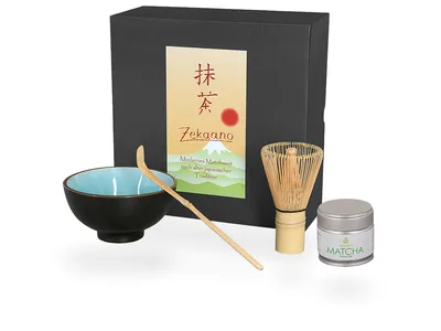 Produktbild von Matcha Set / Matchaset / Matcha Schale 250ml himmelblau mit Besen/Löffel/Tee in Geschenkbox