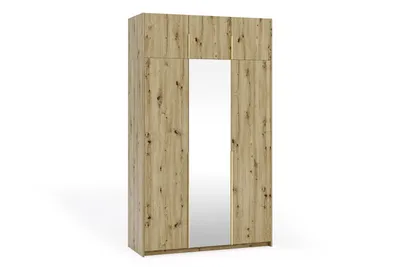 Produktbild von Kleiderschrank ASTON mit Aufsatz und Spiegel, 3-türiger Garderobenschrank 148 cm, Schlafzimmerschrank mit Stauraum, Drehtürenschrank, Eiche Artisan