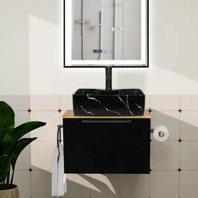 Image de Ensemble de meubles de salle de bain 2 pièces : lavabo avec meuble sous-vasque suspendu de 60 cm, pour WC d'invités, couleur noire