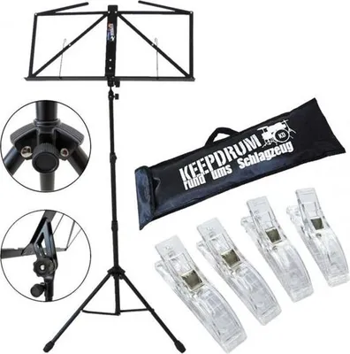 Image de keepdrum MUS3BK Pupitre de musique noir avec 4 pinces à musique