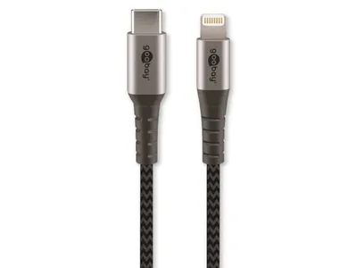 Produktbild von Lightning USB-C™ Textilkabel mit Metallsteckern, 1 m 60 W, 3 A, elegantes und extrarobustes, MFi-es Lade- und Synchronisationskabel für Apple iPhone/iPad (schwarz, grau)