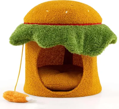 Zdjęcie produktu dla Legowisko dla kota w kształcie hamburgera, pluszowa poduszka, pomarańczowe