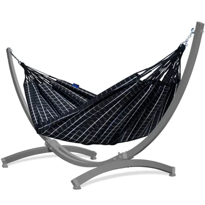 Produktbild von Potenza Outdoor Hängematte mit Verzinkter Tytan Gestell für 2 Personen I Baumwolle  Catargo -  Doppelhängematte  220x160, 220kg I Grau Hängemattengestell 350kg, wetterfes