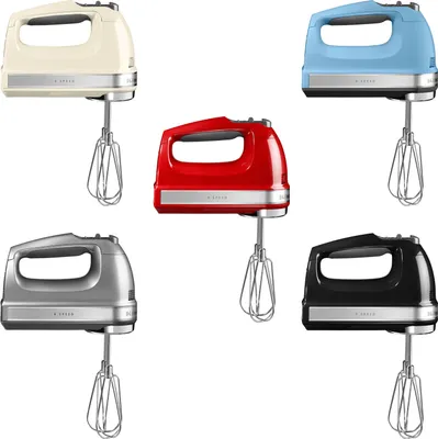A collage of five different colored KitchenAid hand mixers against a white background.