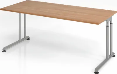 Produktbild von Schreibtisch Nilo | Nussbaum | Silber Gestell | BxT 180x80cm | Arbeitshöhe 68-82cm | höhenjustierbar, 1cm Raster | C-Fuß-Gestell | Rechteckform