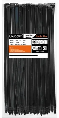 Obrázek produktu pro Stahovací pásky, 300 mm x 7,6 mm, černé, 100 kusů, odolné vůči UV záření, nylon, pevnost v tahu 55 kg