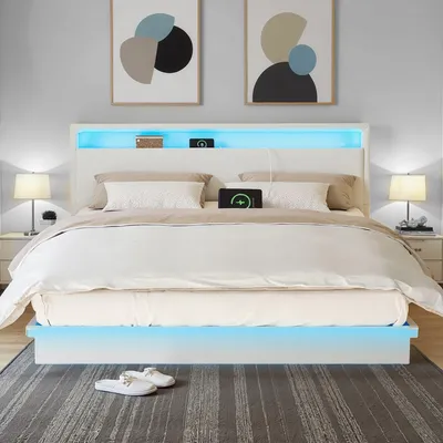 Produktbild von Bettgestell mit LED-Beleuchtung und Ladestation 160 x 200 cm | Weiß | 167,1 x 213,1 x 90,1 cm