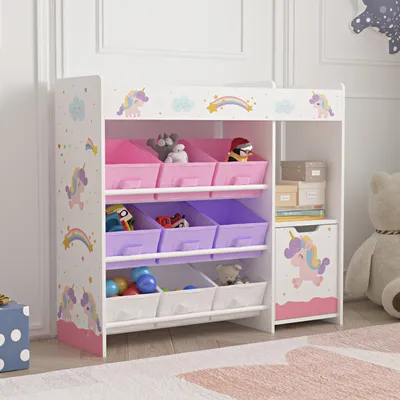 Produktbild von Kinderregal ‘Søndreland’ mit einer Schranktür und 9 Faltboxen 80 x 90 x 30 cm mit Einhorn Motiv