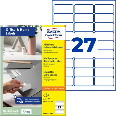 Produktbild von Avery Zweckform L4737REV-10, Etiketten, ablösbar, Home Office, Kleinpackung, A4, 63,5 x 29,6 mm, 270 Etiketten / 10 Bögen, weiß