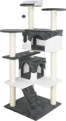 Produktbild von Drapak Wiltec w kolorze szarym/białym o wysokości 130 cm, drapak dla kota z platformami widokowymi, drzewko wspinaczkowe z domkami dla kotów, drzewko dla kota z piłeczkami do zabawy