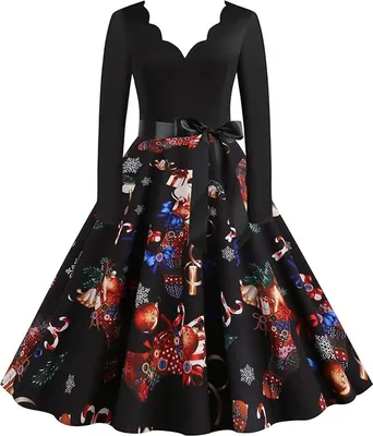 Produktbild von Weihnachtskleid Damen, Langarm Silvester Maxikleider A Linie Vintage Partykleid Weihnachtlich Bedruckt Cocktailkleid Festliche Kleider Für Frauen, A04