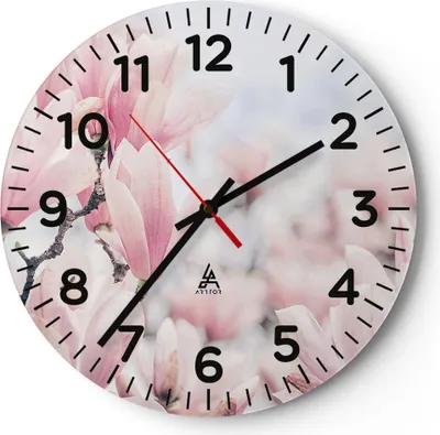 Produktbild von Wanduhr - Rund - Glasuhr - Magnolie Blumen Rosa - 30x30cm - Schleichendes Uhrwerk - Lautlos - zum Aufhängen bereit - Dekoration Modern - Wanddekoration aus Glas - C4AR30x30-4396