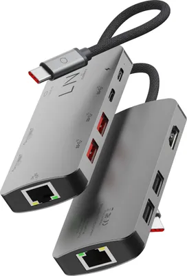 Image de LINQ Connects Hub Pro Multiport 8 en 1 USB-C (Vidéo 8K / Audio 7.1 Surround), USB-C, HDMI, Ethernet, lecteurs de cartes SD et microSD, USB 3.1 jusqu'à 10 Gbps, Gris