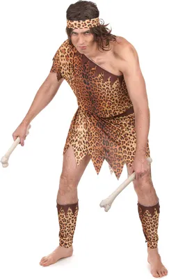 A man dressed in a caveman costume holding two bones.