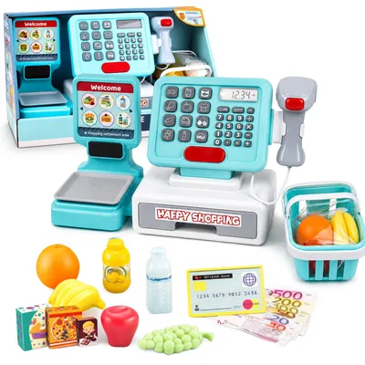 Image de Caisse enregistreuse jouet pour enfants : scanner, balance, calculatrice, petite boutique, panier [3286]