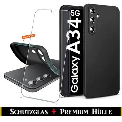 A black phone case and a screen protector are displayed next to a smartphone.