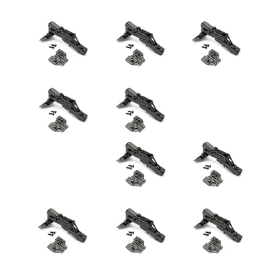 Produktbild von Emuca Kit von 10 Topfscharniere X91 Eckanschlag 165 Grad Öffnungswinkel mit Schließautomatik und Kreuzmontageplatten Euroschraube, Höhe 0, Stahl, Titan-Ausführung