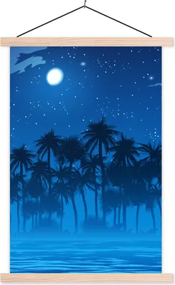 Produktbild von MuchoWow® Textilposter Sternenhimmel - Palme - Meer 120x180 cm mit holzfarbenen Rahmen - Textil-Plakat