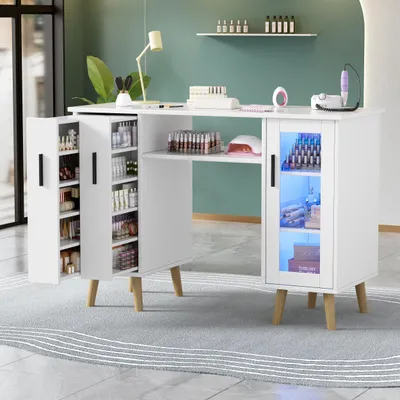 Obrázok produktu pre TWSOUL pracovný stôl na nechty s LED osvetlením - drevený manikúrový stôl s 2 výsuvnými skrinkami, 3-úrovňová policová skrinka