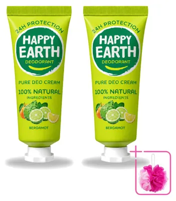 Image de 2 x Déodorant crème Happy Earth, bergamote, 100% naturel, 40 ml - Lot de 2