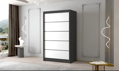 Produktbild von Kleiderschrank Letto IV 100 cm - Groß Schwebetürenschrank, Schiebetürenschrank mit Kleiderstange und Einlegeboden, Schlafzimmerschrank, Schiebetüren, 100x200x58 cm (Schwarz/Weiß)