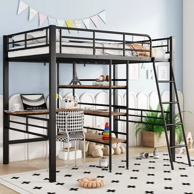 Obrázek produktu pro okwish Patrová postel Dětská postel 90*200 cm, Postel se stolem, Více regálů, Zábradlí, Žebřík, Kovový rám, Černá (Bez matrace)