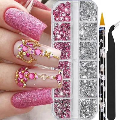 Productafbeelding van Nagel Steentjes - Nail Art Decoraties - Creatief Knutselen - Compleet met Pincet - 5 Maten - Helder en Roze