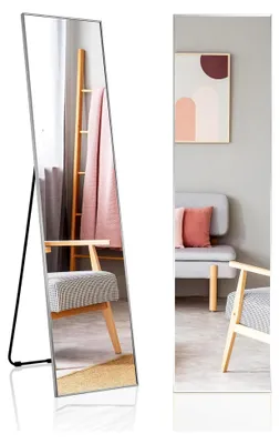 Produktbild von 2 in 1 Wand- und Standspiegel, Ganzkörperspiegel 160 x 40 cm, Garderobenspiegel mit Metallrahmen, bruchsicherer Ankleidespiegel, Bodenspiegel für Schlaf-, Wohnzimmer und Flur (Silber)
