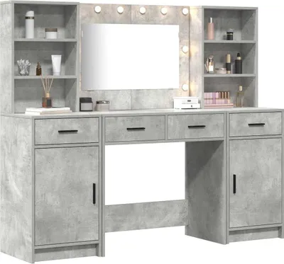 A vanity table with a mirror and lights, set against a neutral background.