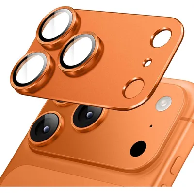 Immagine prodotto di Custodia protettiva per fotocamera di iPhone 17 Pro da 6,3 pollici, copertura completa in vetro temperato 9H, anello metallico opaco, colore arancione, confezione singola