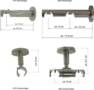 Produktbild von Gardinenstangenträger o. Trägerverlängerung Edelstahl Look f. 16mm Innenlaufrohr BASIT D70 D80 H70 H80 wählbar