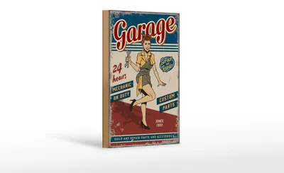 Produktbild von Holzschild Retro 12x18cm Pinup Garage 24 hours repair Auto