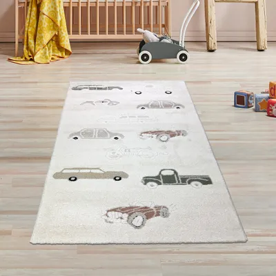 Image de Tapis de chambre d'enfant avec effet de haut en bas et motif de voiture en beige crème Taille - 80 x 150 cm