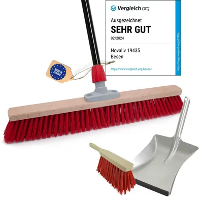 Produktbild von Novaliv Straßenbesen mit Stiel 80 cm Elaston Borsten inkl. Kehrgarnitur verzinkt bestehend aus Kehrblech und Handfeger Ideal als Gartenbesen Terassenbesen Hofbesen Stallbesen Kehrbesen Outdoor broom