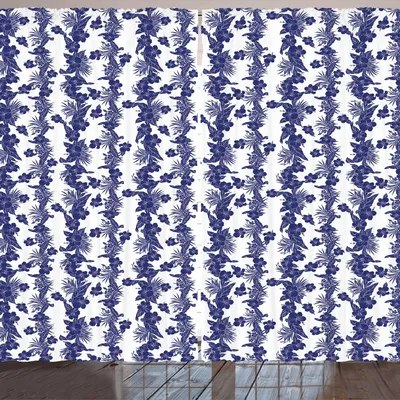 Image de Rideau ARANDE Luau, branches verticales de feuilles et fleurs d'hibiscus, motif floral hawaïen naturel, 280 x 175 cm, bleu nuit et blanc